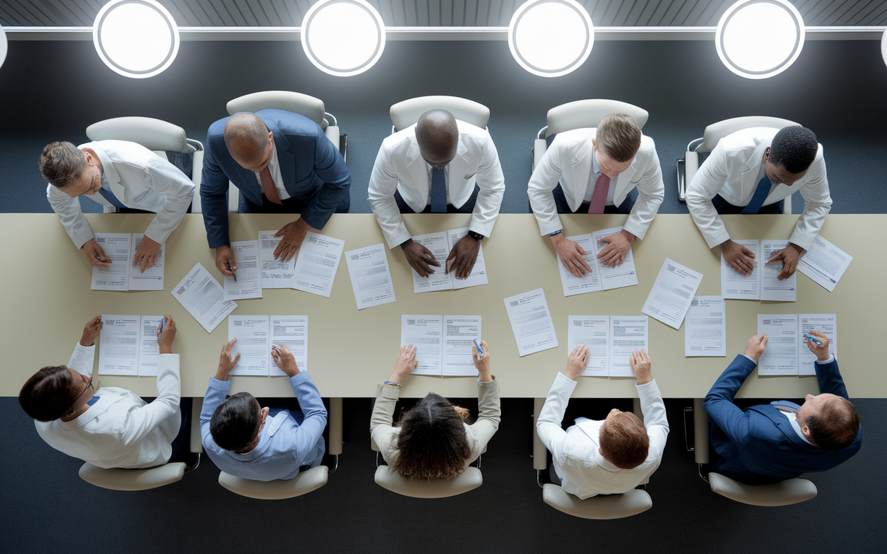 An illustrative representation of a residency application review process. A diverse group of program directors seated around a long table with stacks of application packets in front of them, analyzing the contents meticulously. Bright overhead lights illuminate the room, reflecting a serious atmosphere. Papers are scattered with notes and highlighted parts. Some directors are engaged in discussions, while others take notes, showing a thoughtful evaluation process of various components including scores, letters of recommendation, and personal statements. Captivating expressions of concentration on their faces.