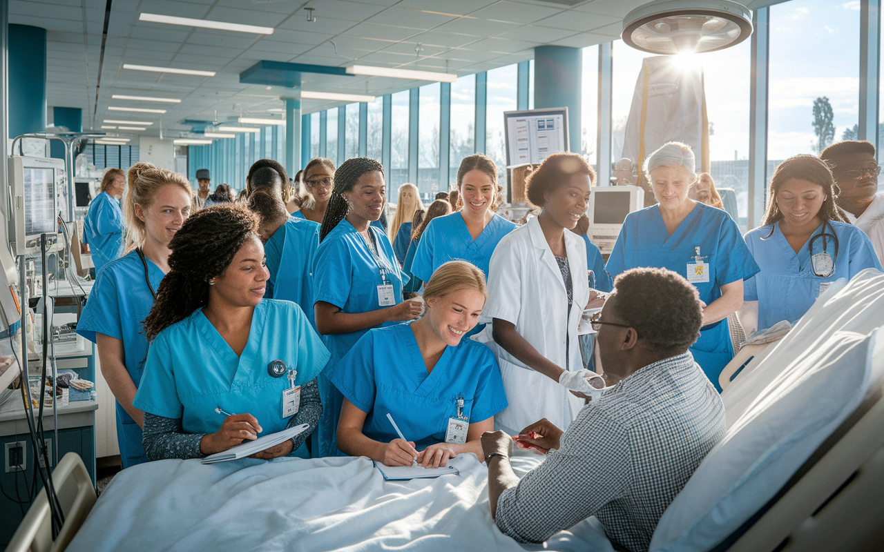 A busy hospital ward with a group of medical students engaging with patients and healthcare staff. Some students are taking notes by a patient's bedside, while others observe a healthcare professional performing a procedure. The environment is lively, filled with medical equipment and supportive staff, reflecting teamwork and active learning. Natural sunlight floods through large windows, adding warmth to the scene. A diverse range of students from various backgrounds highlights inclusion in medical education.