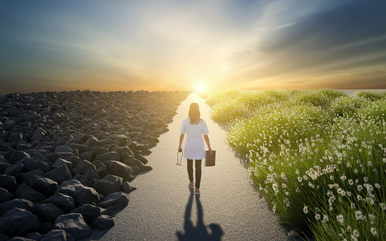 A powerful visual metaphor showing a medical student at a crossroads, standing at a path split into two directions: one path is shadowed and rocky, representing challenges (such as low scores), while the other is bright and flourishing, symbolizing hope and opportunity. The student is depicted with determination, holding a stethoscope and books, as they step towards the light amidst a beautiful scenic background of a sunrise. The imagery conveys the essence of resilience and potential in overcoming obstacles.