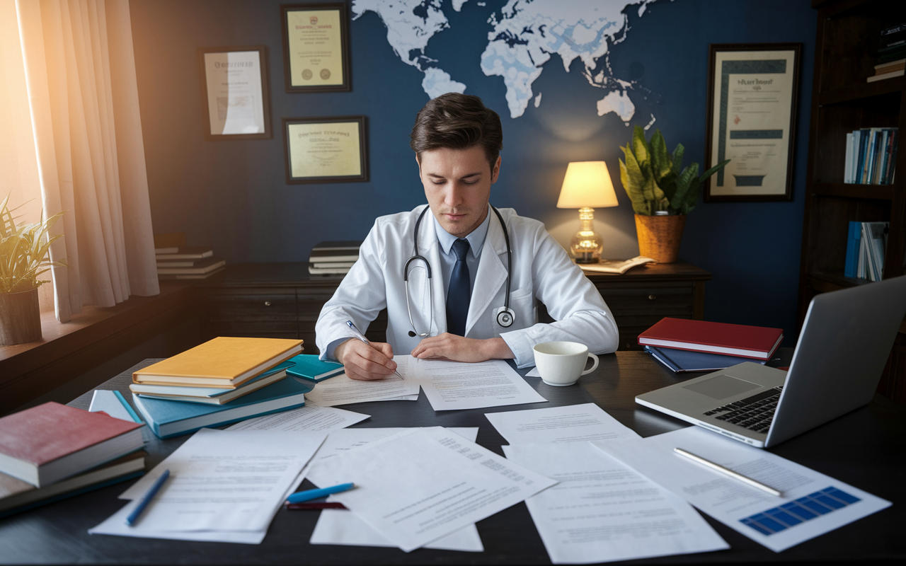 A focused medical student sitting at a cluttered desk in a cozy study room, surrounded by medical textbooks, a laptop, and a cup of coffee. The student's expression is one of determination, with papers scattered around depicting various aspects of their residency application writing process. Warm, soft lighting accentuates the studious atmosphere, highlighting the importance of their personal statement and experiences. The walls are adorned with inspirational medical certificates and a world map, symbolizing global healthcare.