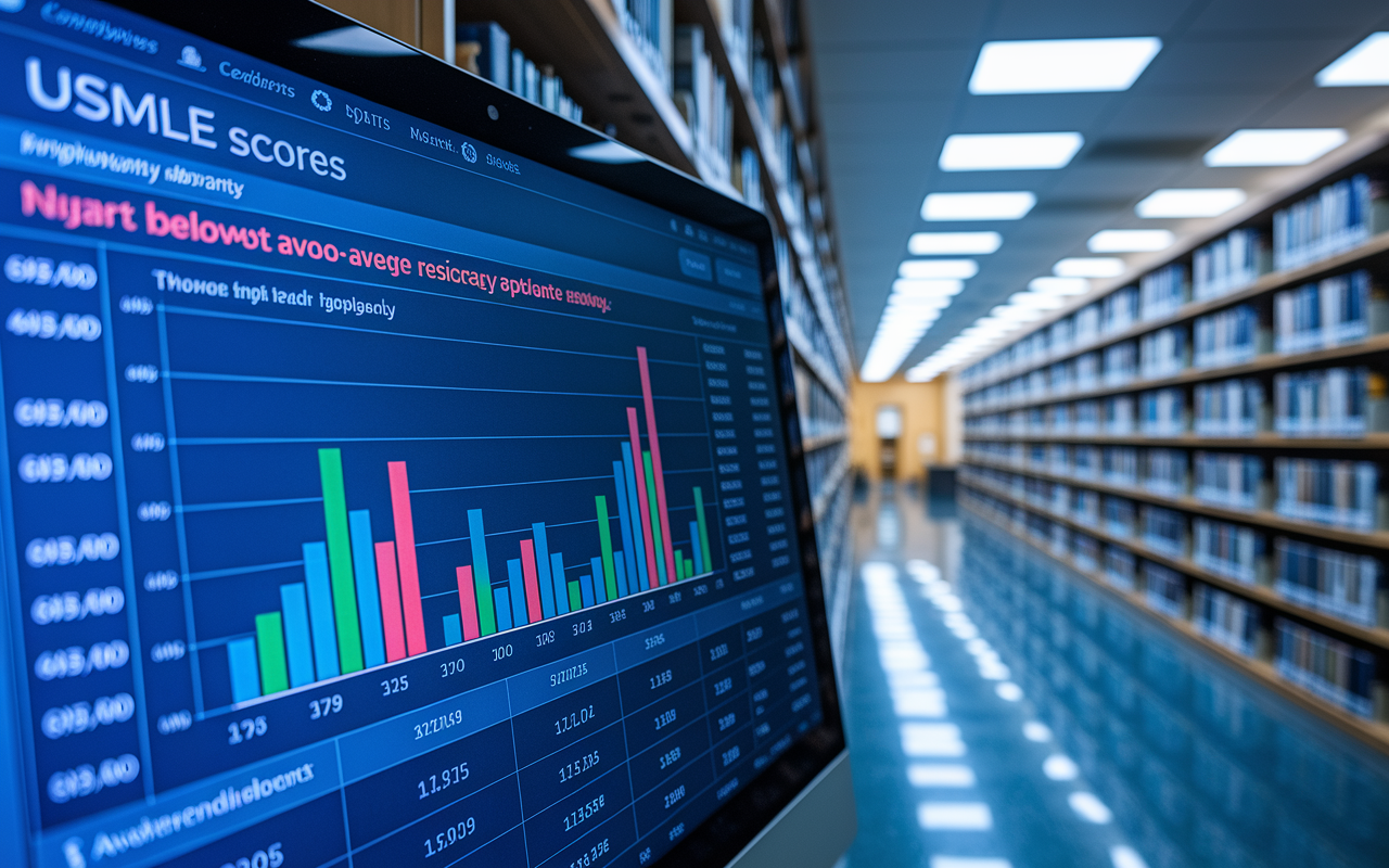 A close-up of a computer screen showcasing a detailed analytics dashboard with graphs and statistics on USMLE scores among different residency applicants. Bright colors symbolize varied scores, with emphasis on below-average results highlighted in red. In the background, a quiet university library setting with dim lights and shelves of medical books, creating a contrast between data and the academic environment.