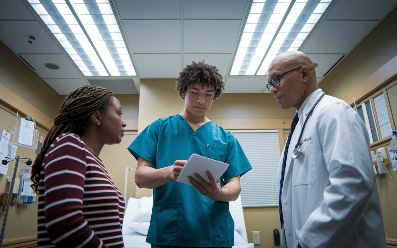 A dynamic scene illustrating a medical student in scrubs confidently interacting with a patient and a supervising physician in a hospital room. The student is examining a chart, showcasing their clinical skills. Bright overhead lights illuminate the room, reflecting a professional yet compassionate atmosphere with medical equipment and charts lining the walls.