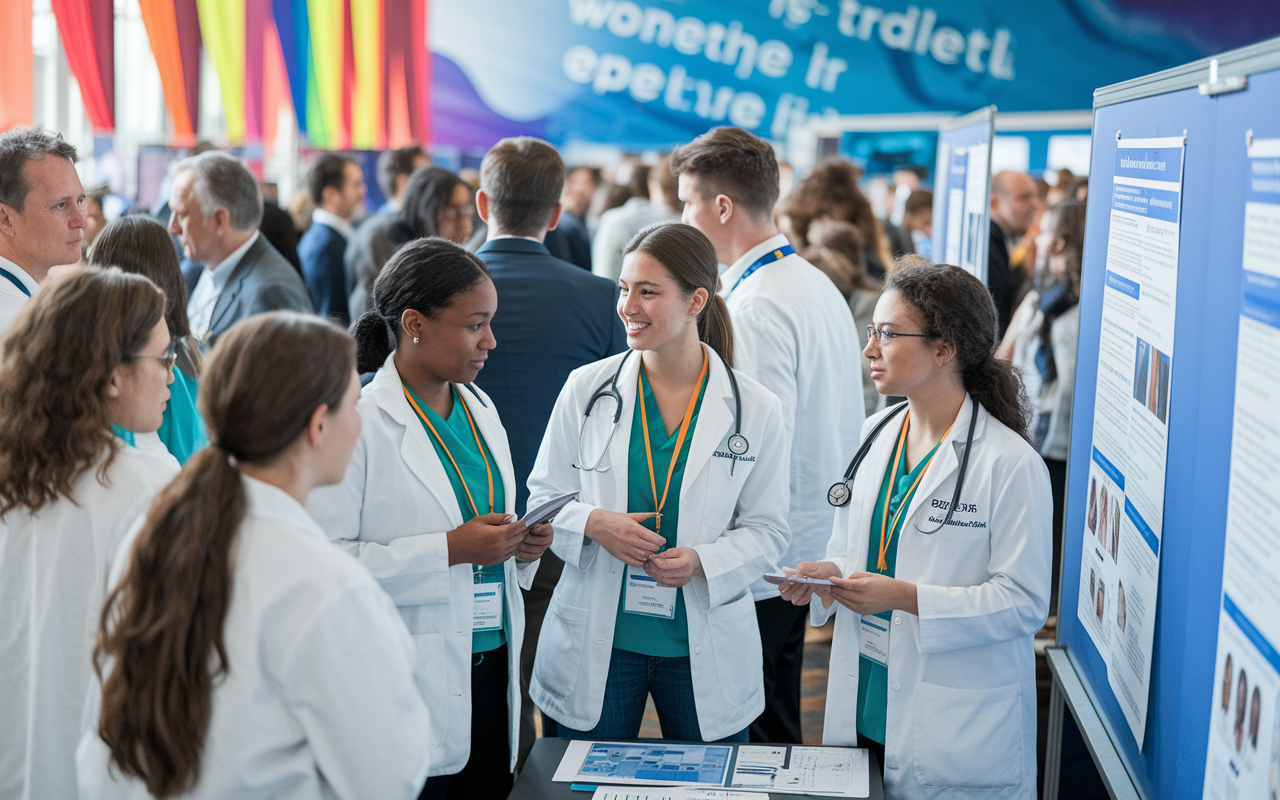 A vibrant scene at a medical conference with medical students and professionals exchanging ideas. Enthusiastic students gather around a booth showcasing research posters and discussing their findings. The setting is lively, with bright banners and attendees engaging in discussions, embodying the spirit of collaboration and innovation in medicine.