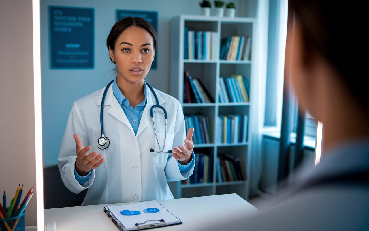 A focused medical student practicing for interviews in a well-lit room, standing in front of a mirror, speaking confidently. A notepad with STAR method notes is placed on a desk nearby. The backdrop consists of motivational posters and a bookshelf filled with medical literature, enhancing the serious yet encouraging atmosphere.