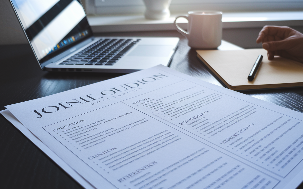 A close-up view of a beautifully formatted CV laid out on a desk, with clear sections highlighting education, clinical experience, and research. The design is professional, with neat bullet points and appropriate spacing, alongside a laptop open to a job application website. Soft natural light streams in from a nearby window, suggesting optimism and professionalism.