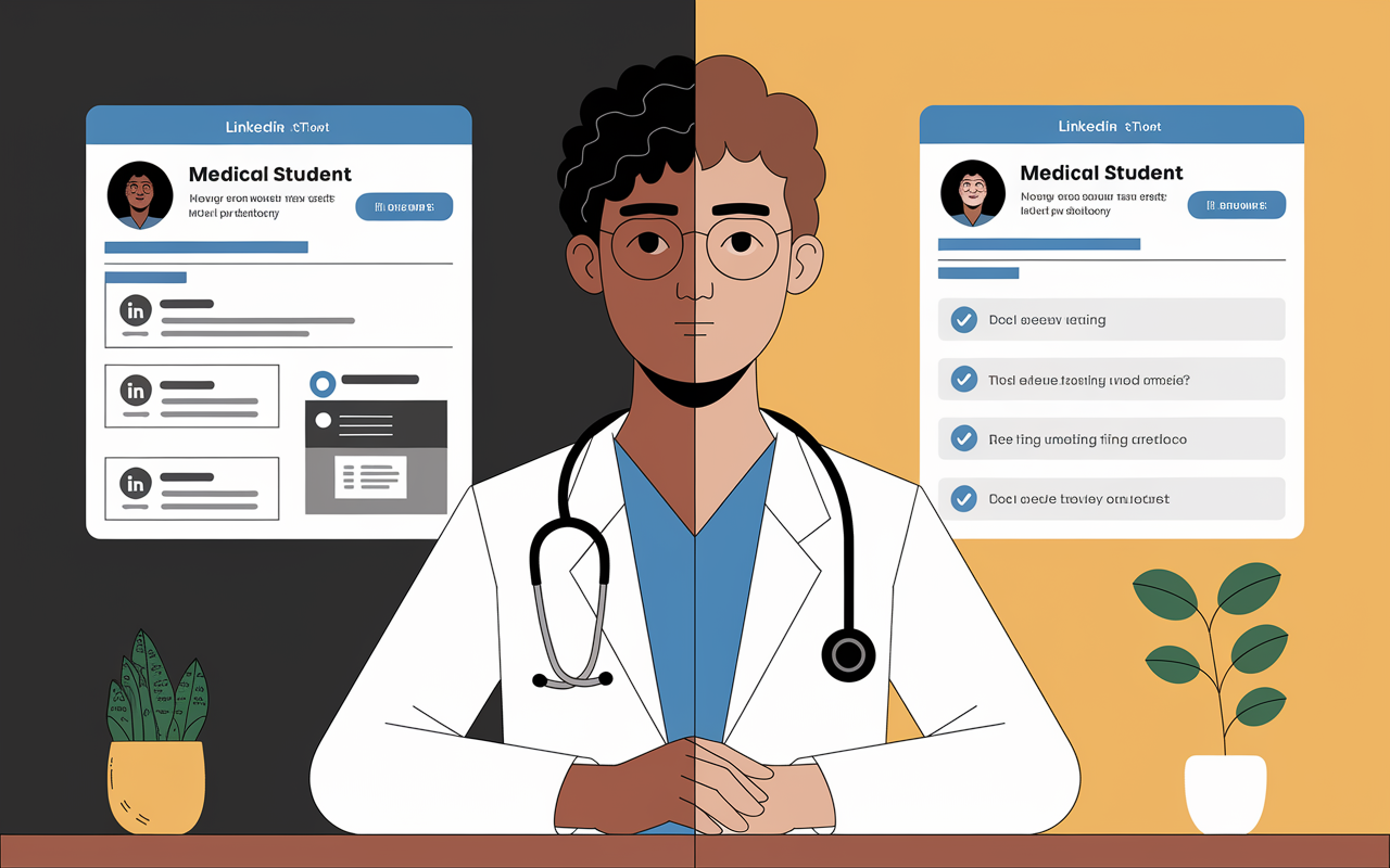 A split-screen view showing a well-maintained LinkedIn profile of a medical student on one side, displaying achievements and articles, and a cluttered social media profile on the other side, portraying unprofessional content. The background is a modern workspace with a plant, emphasizing the contrast between a professional and unkempt digital footprint.