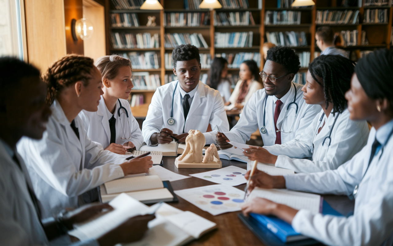 A group of diverse medical students studying in a cozy library setting, surrounded by medical books and notes, focused and engaged in discussion. The room is warmly lit, creating an inviting atmosphere filled with camaraderie and support. Each student reflects unique backgrounds and expressions, emphasizing teamwork and collaboration in their shared journey. There are anatomical models and research papers on the table, symbolizing their dedication to learning and growth.