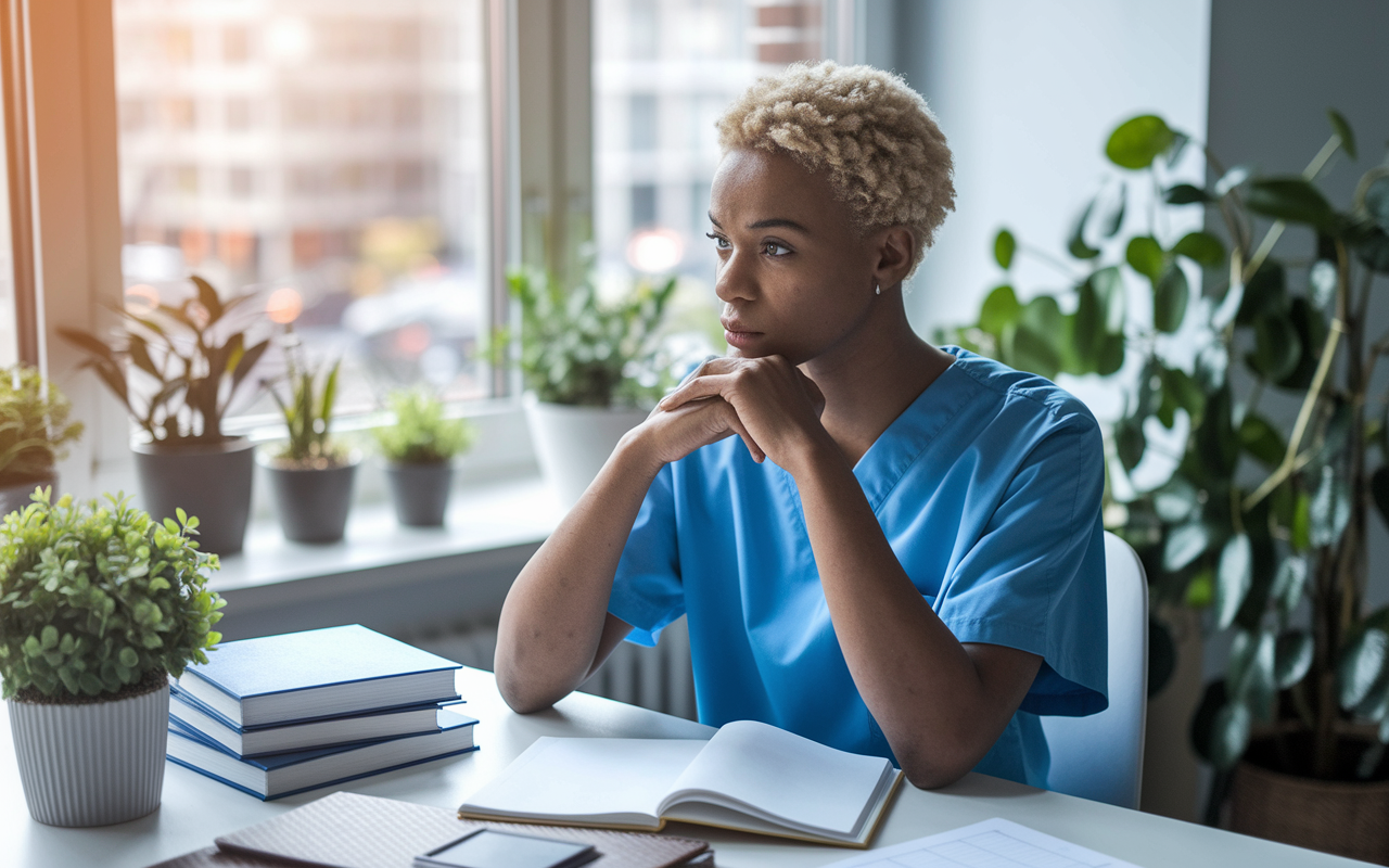 A thoughtful medical professional sitting at a desk with a journal open, reflecting on personal and professional experiences. Soft ambient lighting highlights the serene environment filled with plants and medical textbooks. The individual is deep in thought, with a hint of determination in their expression, symbolizing self-discovery and growth. A window in the background reveals a glimpse of a bustling city, representing the outside world and the challenges they face.