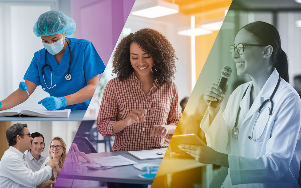 A collage of moments showcasing various medical experiences: a physician performing a physical examination, a student leading a health workshop for the community, and a researcher presenting findings at a conference. The images blend together harmoniously, representing the multifaceted journey of a medical professional. Bright, warm colors convey passion and dedication, emphasizing the joy of service and learning in the medical field.