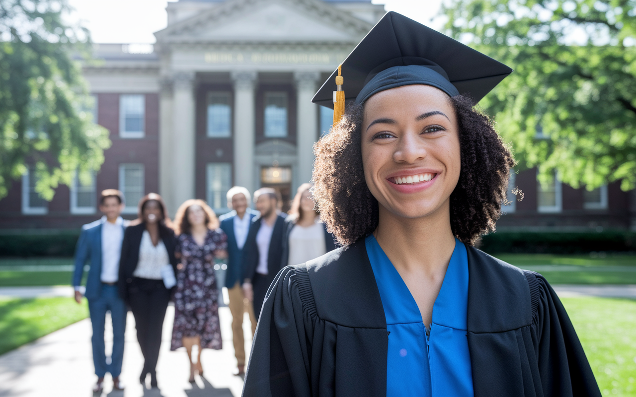 A hopeful medical graduate in cap and gown, standing in front of a medical school building, smiling confidently. The scene captures a moment of celebration with friends and family in the background, showing genuine joy and support. Sunlight bathes the setting, creating a warm atmosphere filled with hope and new beginnings. The historic architecture of the medical school enhances the significance of the achievement, symbolizing the culmination of hard work and dedication.