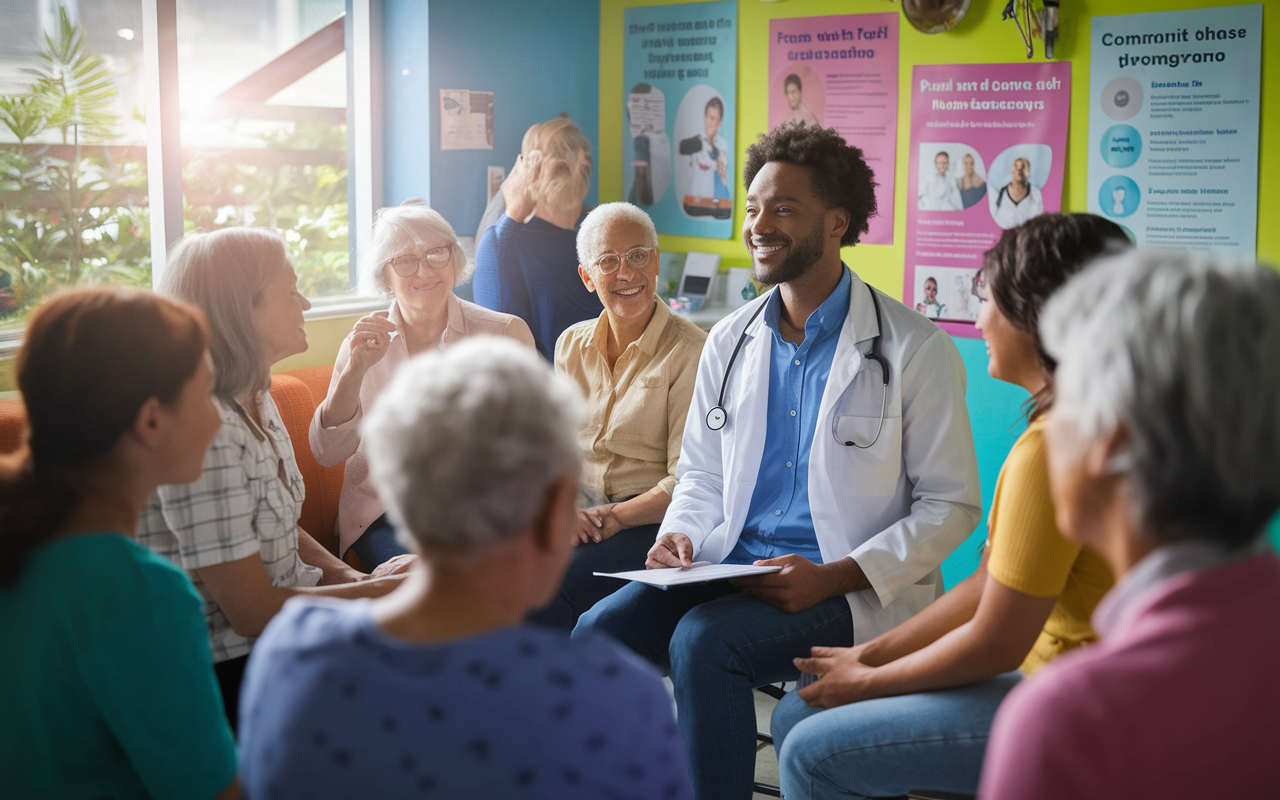 A vibrant scene depicting a community health program in a small clinic. A dedicated physician, with a warm smile, is chatting with a diverse group of patients, including families and elderly individuals. The brightly colored clinic is filled with posters promoting health education. Sunlight is streaming through the windows, symbolizing hope and community engagement. Soft focus on the patients' faces to capture their trust and connection.