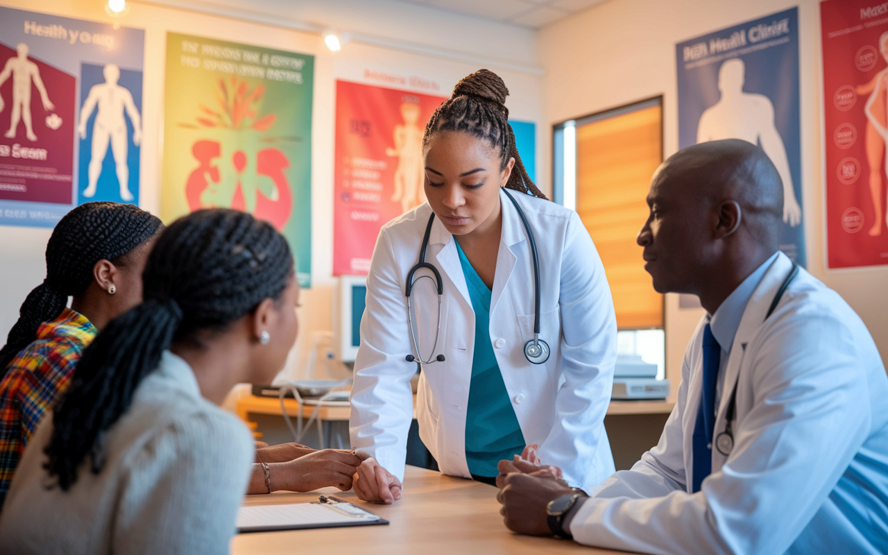 A young medical intern engaging actively in a community clinic, interacting with patients of various backgrounds. The room is filled with medical equipment and vibrant health posters. The intern, wearing a white coat and stethoscope, is observing a patient's concern while an experienced physician mentors nearby. Warm, inviting lighting captures the supportive atmosphere.