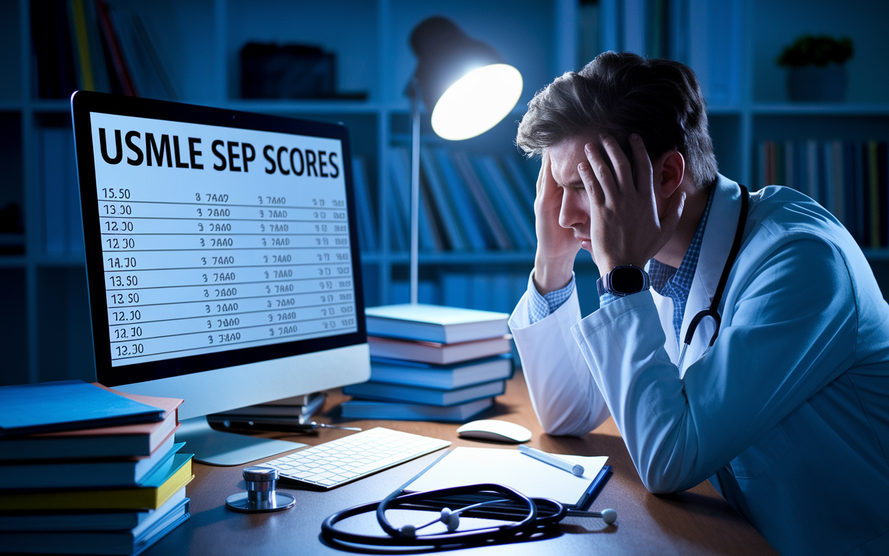 A visual representation of a medical professional stressed out while looking at a computer screen displaying USMLE Step scores. The setting is an office or medical study room with books, medical journals, and a stethoscope scattered around. The room is dimly lit, with a spotlight highlighting the screen where scores can be seen. The person's expression is one of concern mixed with determination, emphasizing the competitive nature of residency applications.