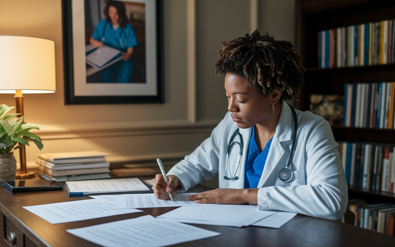 An inspiring scene of a medical student sitting at a wooden desk in a cozy, well-lit study, intently writing their personal statement for residency applications. Papers filled with notes and edited drafts are spread around. A framed photo of a clinical experience hangs on the wall, evoking memories of patient care. The warm lighting and focused expression of the student create a sense of dedication and hope.