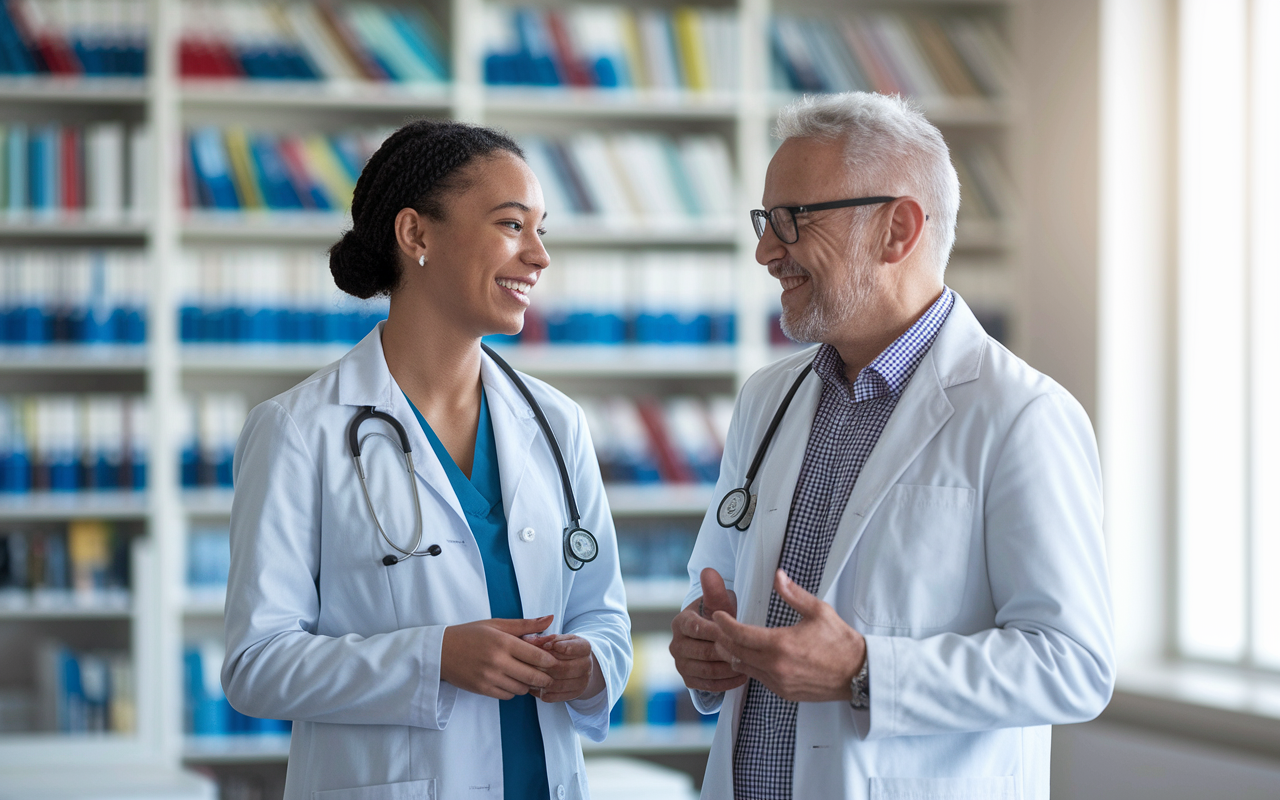 A professional setting where a medical student is conversing with a mentor or professor, discussing the student's achievements and aspirations. The background is filled with shelves of medical books and a large window allowing bright natural light to illuminate the space. Both individuals wear joyful expressions, symbolizing a supportive relationship in the applicant's journey.