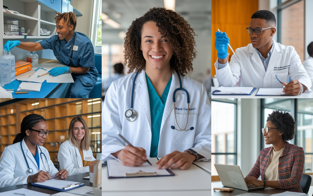 An engaging collage of a medical student volunteering at a free clinic, conducting research in a lab, and leading a student organization meeting. Each scene is vibrant and active, showcasing dedication and passion for medicine. The aesthetic is bright and hopeful, capturing the various facets of a well-rounded applicant.