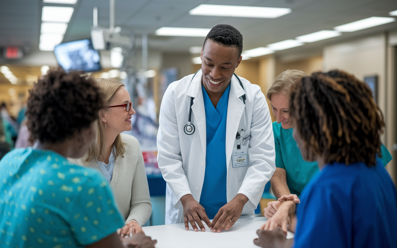 A medical student actively assisting during a clinical round in a hospital, engaged with patients and healthcare providers. The atmosphere is one of teamwork and compassion, with bright hospital lights and an environment bustling with activity. The student demonstrates dedication and eagerness to learn, conveying the importance of hands-on clinical experience in preparing for residency.