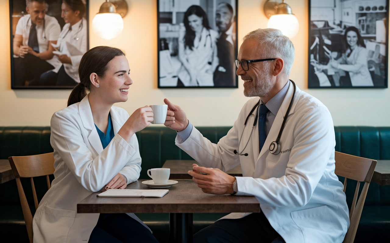 A heartwarming scene of a medical student having a coffee with an experienced physician who is offering mentorship. The setting is a cozy café with medical books and photographs on the walls. There’s an air of friendship and guidance as they discuss medical careers and opportunities. Soft lighting enhances the warmth and positivity of the conversation.