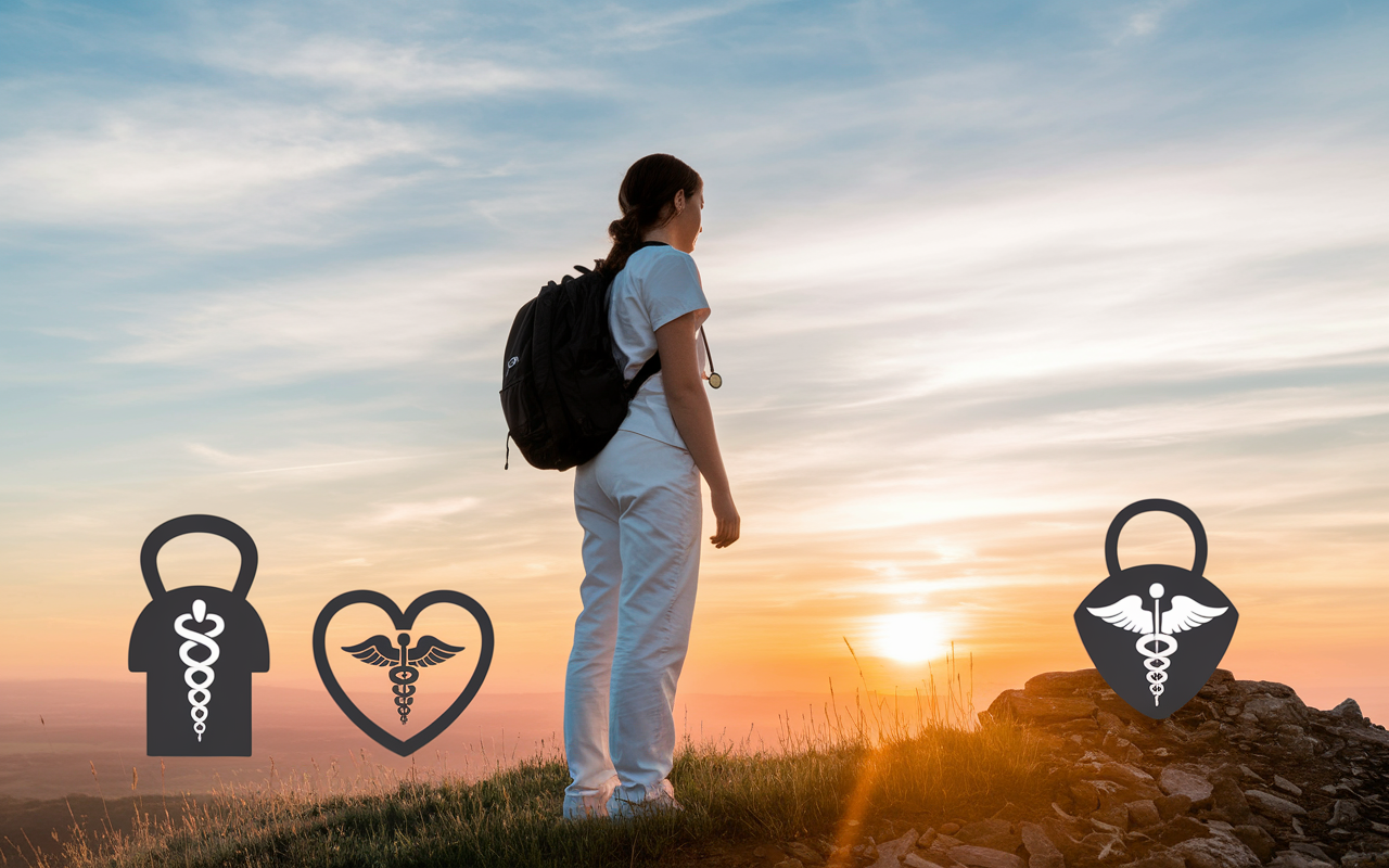 An inspiring scene of a medical student standing atop a hill at sunset, looking out into the horizon with a determined expression. The vast sky painted with warm colors symbolizes hope and perseverance. In the background, there are silhouettes of healthcare symbols, emphasizing the student’s unwavering commitment to succeed in their medical journey.