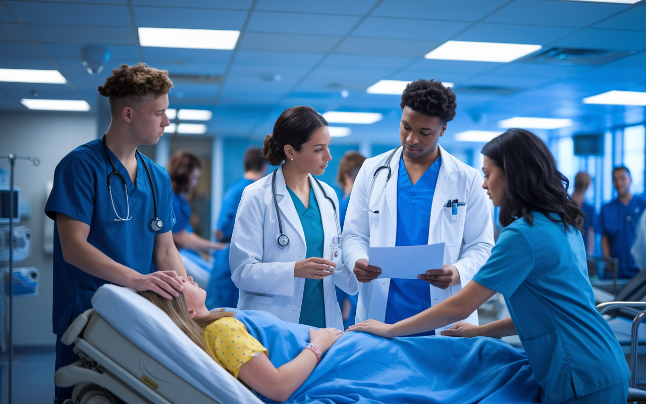 A vibrant hospital scene showing diverse medical professionals collaborating in a busy emergency room. A doctor and a nurse consult over a patient's chart while a medical student assists with a patient on a bed. The background captures the hustle and bustle of a hospital environment, with soft fluorescent lighting casting a professional yet dynamic feel. Emotions of teamwork and care are palpable, inspiring confidence.