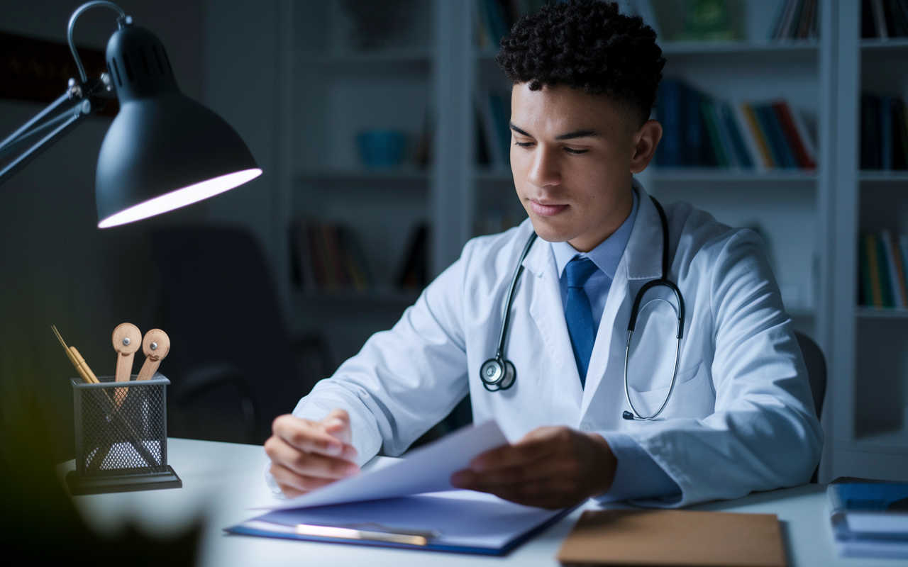 An engaged medical student sitting at a desk, meticulously reviewing their application documents. The room is filled with personal mementos and academic awards that reflect their hard work. Soft, focused lighting creates a calm environment, emphasizing the professionalism and attention to detail required to finalize a residency application.