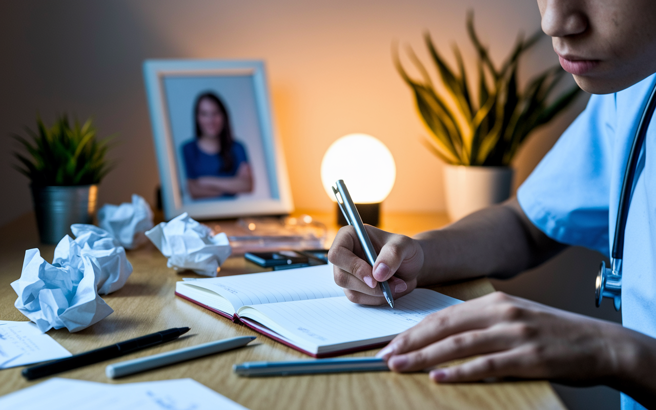 A close-up view of a young medical student sitting at a desk, writing passionately in a notebook. The desk is littered with crumpled papers and pens, indicating hard work and brainstorming. In the background, a framed photo of their favorite patient, a plant, and a glowing lamp symbolize inspiration and determination. The room’s warm lighting sets a reflective mood, highlighting the student's dedication to their narrative.