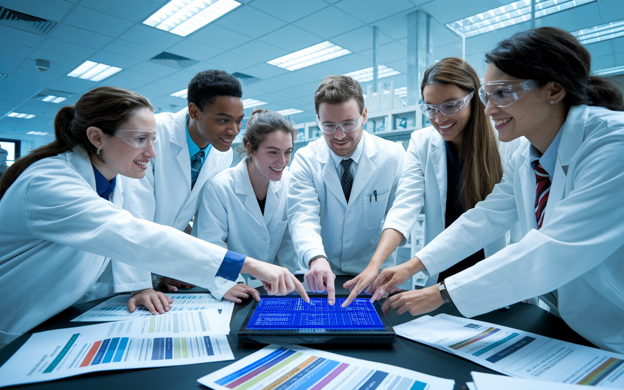 An energetic laboratory filled with scientific equipment and charts. A group of medical students, dressed in lab coats, collaborate on a research project, pointing at a digital screen displaying complex data. The bright, sterile fluorescent lighting underscores the clinical focus, while expressions of excitement and ambition reflect their dedication to advancing medicine. Papers scattered on the table showcase peer-reviewed journals.