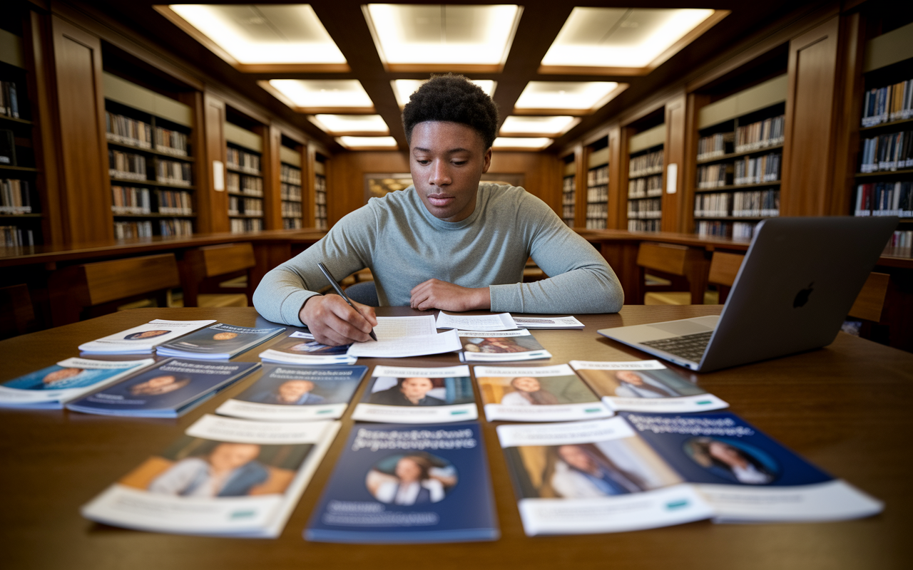 A focused student at a library table surrounded by an array of medical school brochures and a laptop. The deep wood tones of the library and the soft, golden lighting create a studious atmosphere. The student's expression is one of concentration as they analyze different program offerings, capturing the essence of strategic planning in the residency application process.