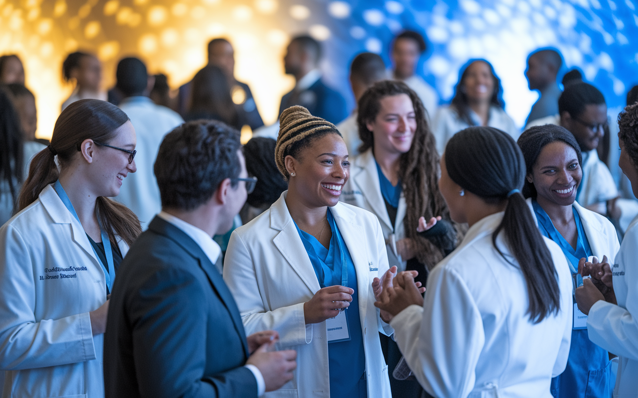 A lively networking event in a professional setting, with a diverse group of medical students and seasoned professionals engaging in conversation. The atmosphere is warm and inviting, filled with laughter and supportive gestures. Soft gold and blue lighting creates a welcoming ambiance, showcasing the importance of connection and mentorship in the medical community.