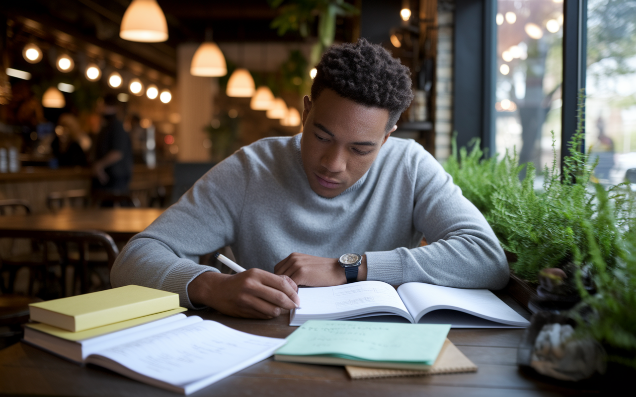 A motivated student studying intensely in a quiet coffee shop, surrounded by books and notes that reflect their progression in medical education. The café's charming decor, with warm lighting and green plants, creates a cozy atmosphere. The student, with a focused expression, highlights their determination to improve, embodying the perseverance needed to succeed in medical residency applications.