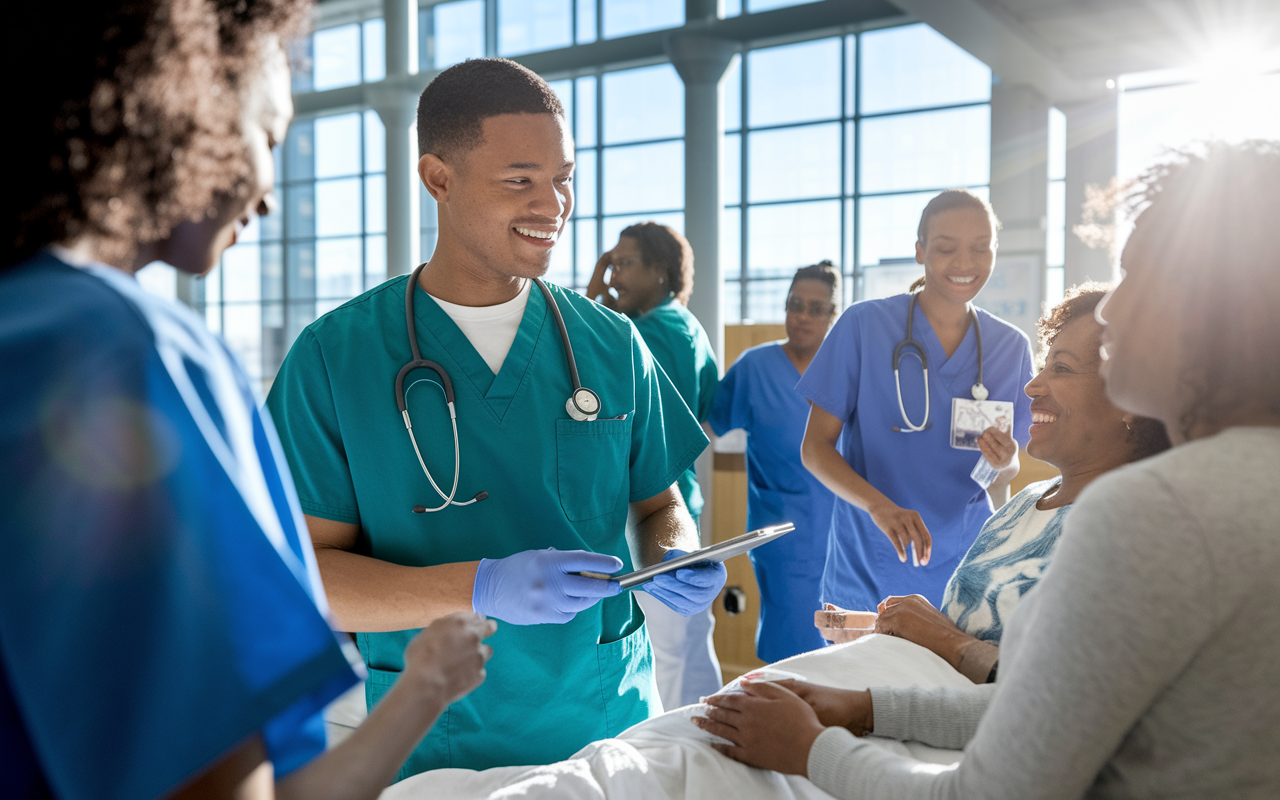 A medical student in scrubs, immersed in a busy hospital setting while interacting with patients and medical staff. The scene captures a moment of genuine care and professional growth, with other healthcare team members collaborating in the background. Sunlight streams through the large windows, illuminating the important work of patient care and community service.