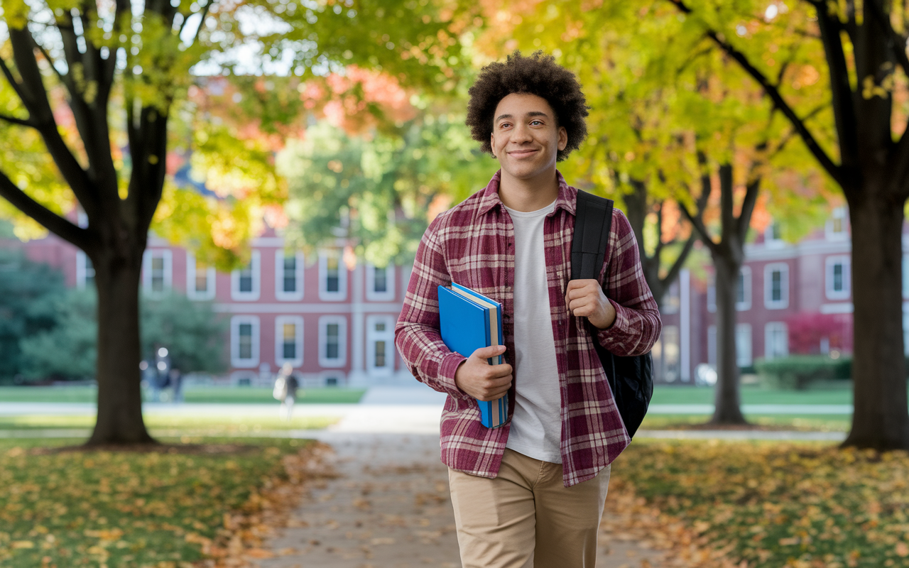 A reflective student walking through a scenic university campus during autumn, carrying books and a backpack. Bright foliage surrounds them, symbolizing growth and change. A positive expression on the student’s face shows their determination to use an additional year productively, emphasizing personal and academic enrichment in their journey toward becoming a doctor.