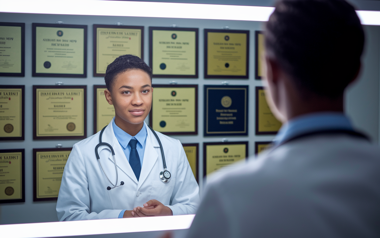 A confident medical student practicing for an interview in front of a mirror, dressed in formal attire. Behind them are a wall lined with achievement certificates and medical awards that reflect their dedication. Soft overhead lighting provides a focused atmosphere, while the student's determined expression portrays their readiness and enthusiasm for the upcoming opportunities.