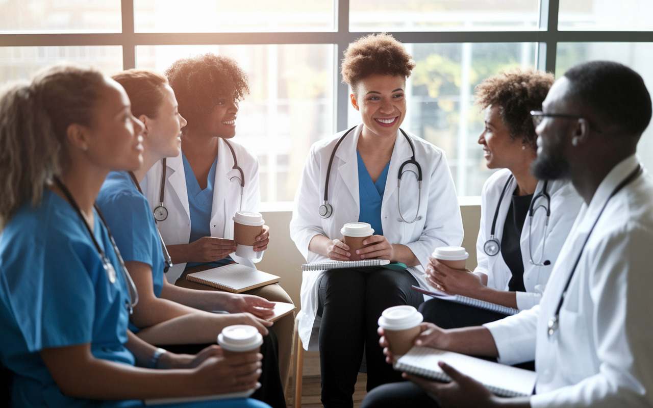 A group of diverse medical students engaged in a supportive circle, sharing their experiences, with a warm, inviting environment and natural light streaming through a window. They hold coffee cups and notebooks, symbolizing camaraderie and resilience amidst the challenges of residency applications. The atmosphere is encouraging, filled with open expressions of empathy and determination, illustrating the importance of emotional support and networking in the medical community.