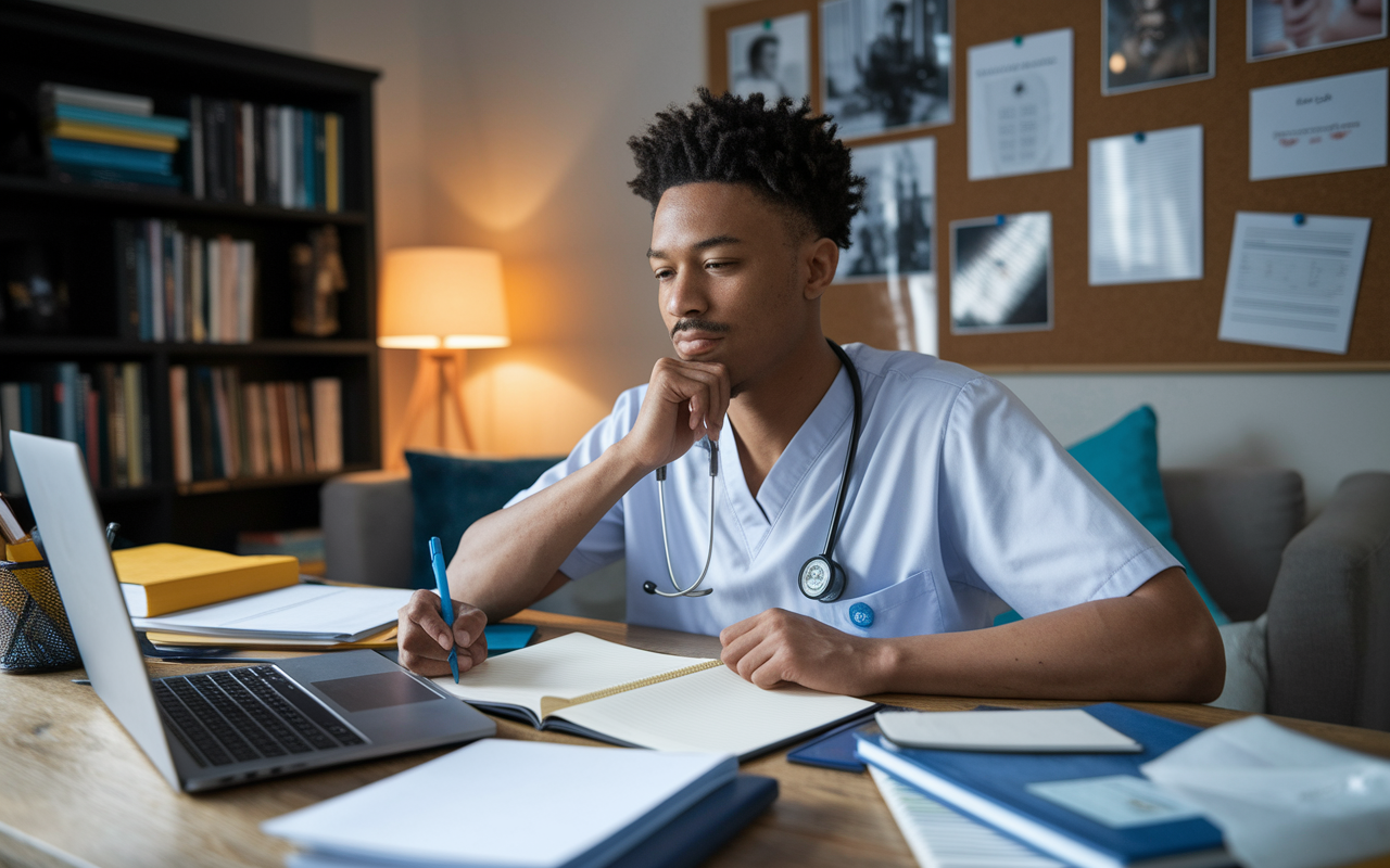 An aspiring medical resident sits at a cozy desk, deep in thought while writing a personal statement. A laptop is open with notes and medical textbooks around, showcasing a blend of passion and creativity. The room is warmly lit, with inspiration drawn from a corkboard filled with personal achievements and medical memorabilia. The student has a focused expression, embodying the essence of storytelling and self-reflection in crafting a compelling narrative for their application.