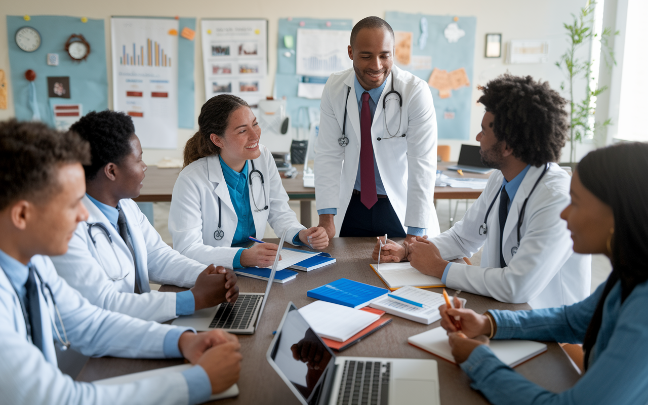 A diverse group of medical students engages in a workshop led by a knowledgeable advisor, surrounded by resources such as application guides and laptops. The room is brightly lit, filled with charts, motivational posters, and a relaxed but focused atmosphere. Students are collaborating, taking notes, and asking questions, illustrating a proactive approach in utilizing institutional resources to enhance their applications for the residency match.