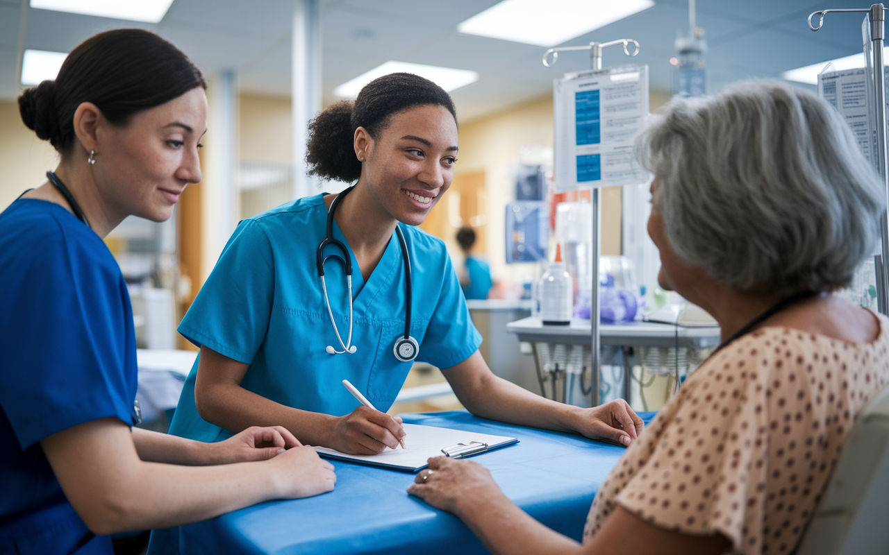 A vibrant scene in a hospital environment showcasing a dedicated medical student in scrubs actively engaging with a patient during a clinical rotation. The student is attentively listening and taking notes while a nurse assists nearby. The room is filled with medical charts, equipment, and a comforting atmosphere, depicting the importance of hands-on experience in medicine. Bright, clinical lighting highlights the compassionate interactions, expressing a commitment to patient care.