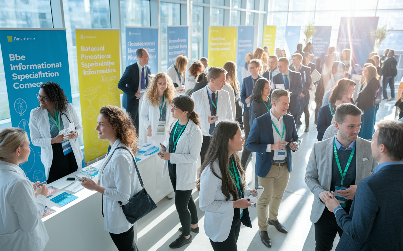 A lively scene at a medical conference, where a group of diverse young professionals is engaged in conversations, exchanging ideas and forming connections. Bright banners and informational booths surround them, filled with medical literature and specialty information. The atmosphere exudes excitement and opportunity, with sunlight streaming in through large windows, symbolizing hope and future prospects in the medical field.