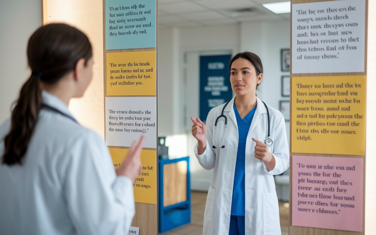 An uplifting image of a determined medical student practicing interview skills in a reflective setting. The student stands in front of a mirror, rehearsing responses, surrounded by motivational quotes and reminders of personal achievements and challenges faced. Natural light floods the room, creating a warm and positive atmosphere that symbolizes the student’s resilience and readiness for future challenges.