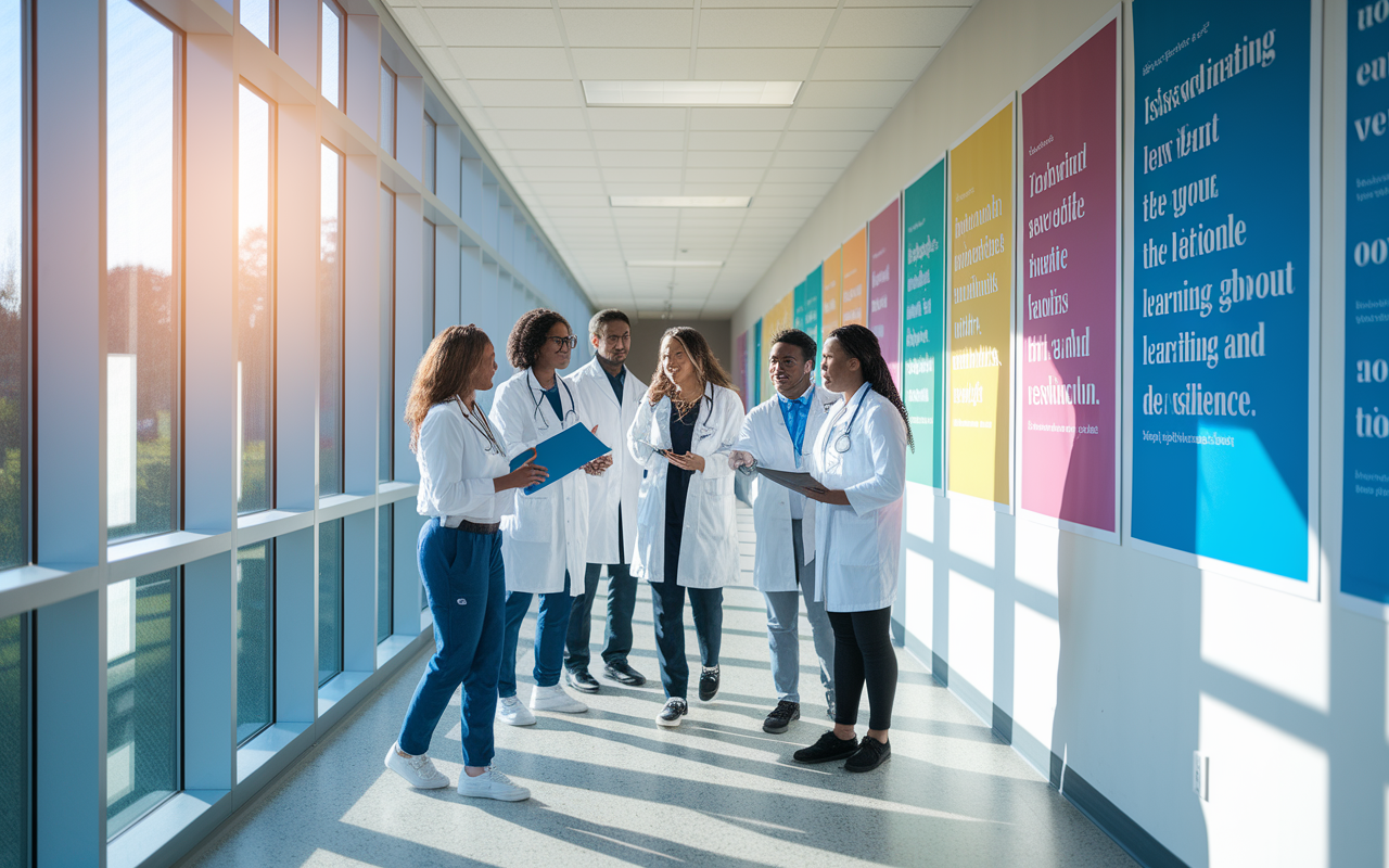 A bright, open medical school corridor where a group of diverse medical students are discussing patient care scenarios passionately. They are surrounded by colorful charts and posters illustrating inspirational quotes about learning and resilience. Sunlight streams through large windows, highlighting faces filled with hope and determination as they support each other in their journeys, capturing the essence of growth and collaboration.