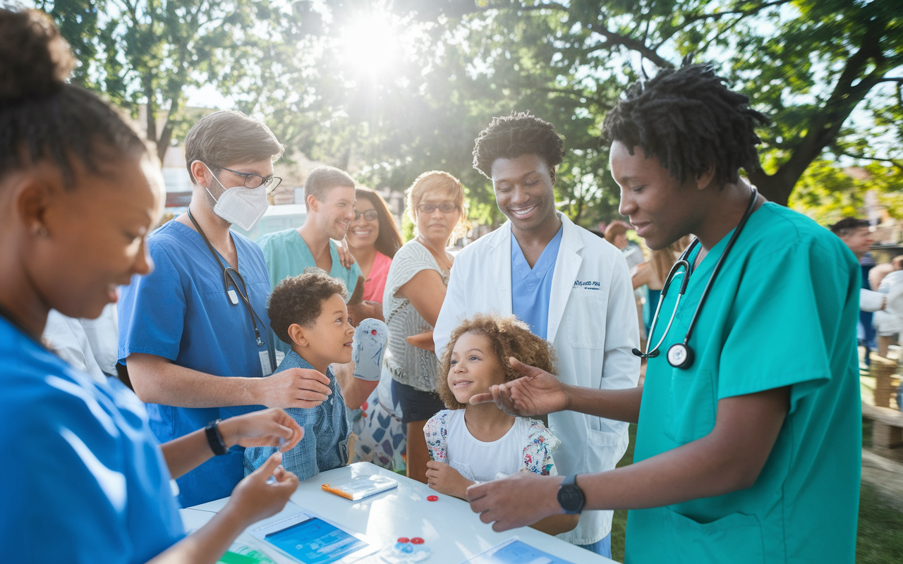 A vibrant community health fair scene where medical students volunteer, providing free health screenings and educational materials to local families. Diverse healthcare professionals engage with children and adults, creating an atmosphere of care and support. The sun is shining brightly, showcasing the contagious energy of collaboration and community service that underlines the commitment to healthcare beyond academics.