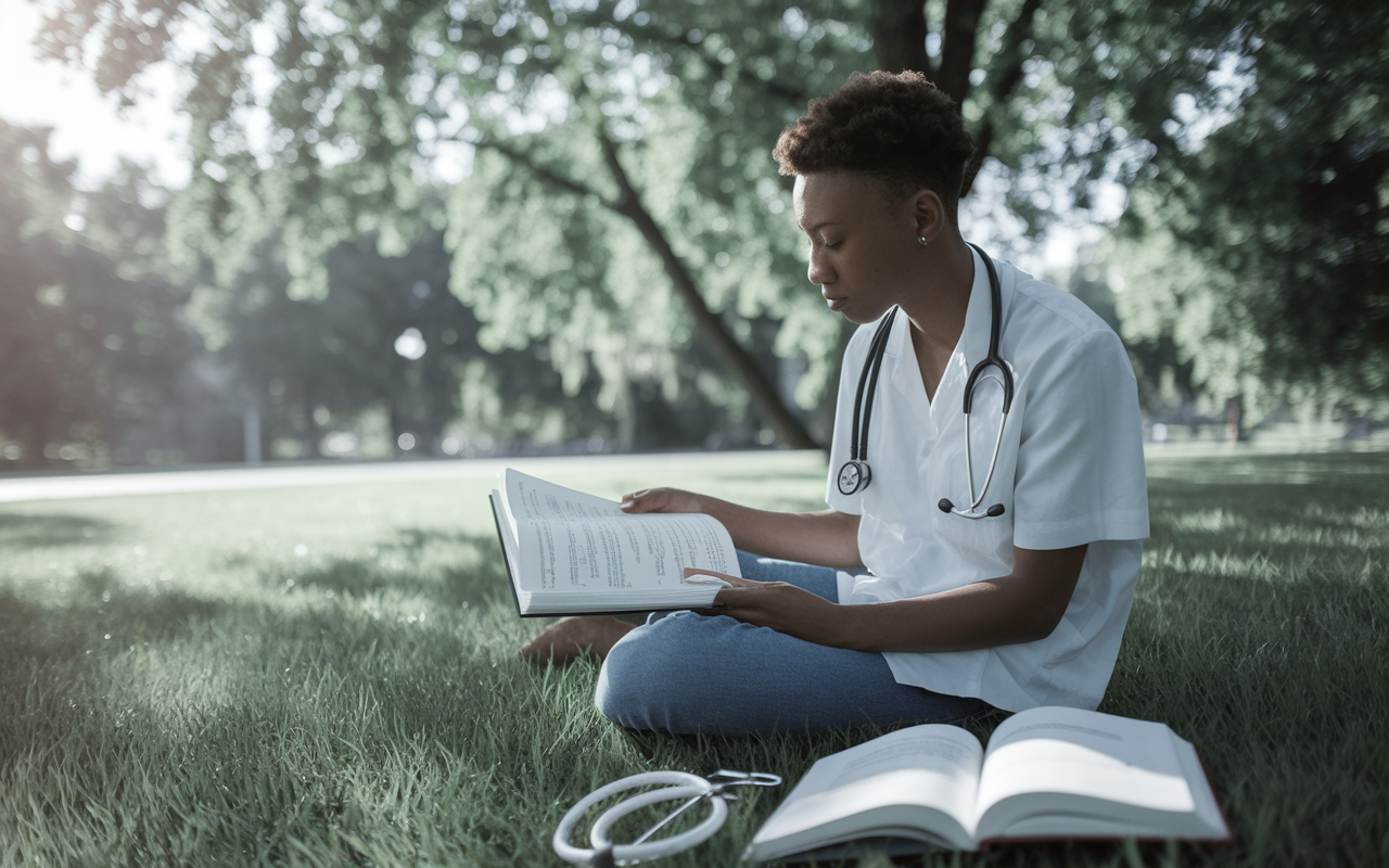 A thoughtful medical student sitting in a quiet park, flipping through a journal filled with reflections on their medical journey. The sunlight filters through leaves overhead, creating a serene atmosphere for introspection. Nearby, a stethoscope lies beside an open medical book, symbolizing the blend of personal growth and medical professionalism. The student's expression shows a mix of contemplation and renewed determination for their future.