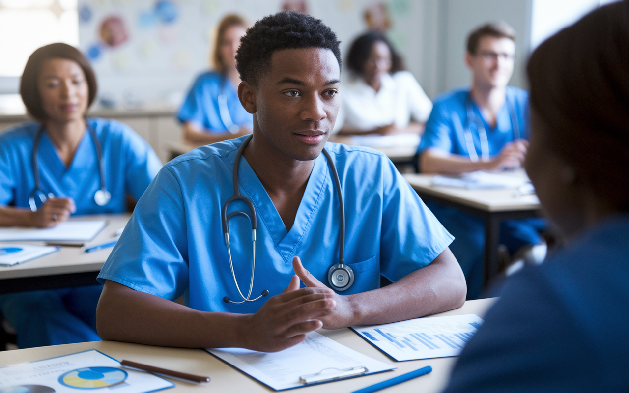 A focused medical student practicing communication skills during an interactive workshop. The student, wearing scrubs, is engaged in a role-playing scenario with a faculty member who acts as a patient. The setting is a well-lit classroom filled with empathetic expressions and interactive materials. Visual aids like charts and role-play scripts are scattered around, emphasizing teamwork in communication. The atmosphere is supportive and professional, with soft lighting enhancing the sense of safety and encouragement.