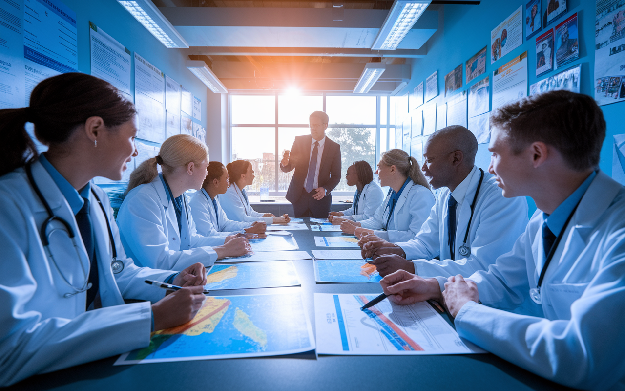 A dynamic scene of medical students participating in an advocacy training session. Enthusiastic students are gathered around a long table, maps, and data charts spread out before them. An instructor, guiding them, points to an engaging presentation on healthcare policy. The room is filled with a sense of purpose and determination, illuminated by bright overhead lights and filled with educational posters. A large window allows natural light to flood in, adding warmth and energy to the productive atmosphere.