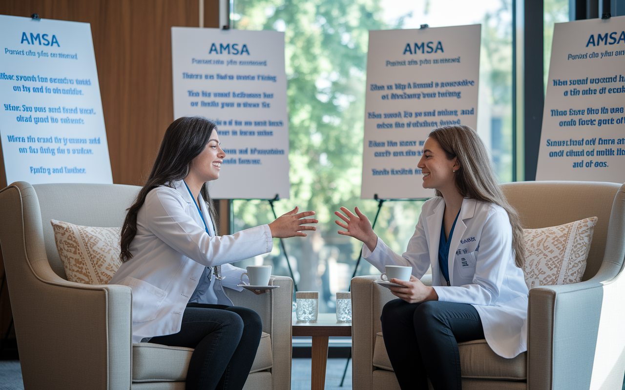 A warm and inviting scene capturing a peer mentorship meeting at an AMSA event. Two medical students, seated on comfortable chairs, enthusiastically exchange guidance and tips over cups of coffee. Surrounding them are engaging posters describing AMSA's values and mission. Natural light filters through an inviting window, contributing to the friendly and approachable atmosphere that encourages deep conversation and support.