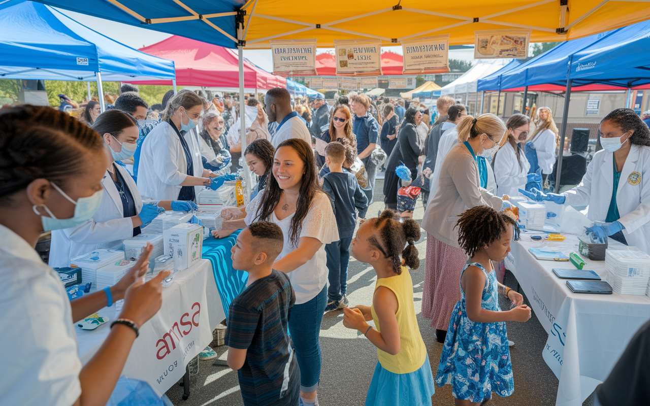 A bustling health fair organized by AMSA, showcasing medical students actively engaging with community members. Students are providing health screenings and distributing informative materials under colorful tents filled with educational banners. Families of diverse backgrounds are participating, with children taking part in fun health-related activities. The atmosphere is lively and welcoming, captured in bright, natural daylight, creating a community spirit of health and wellness.