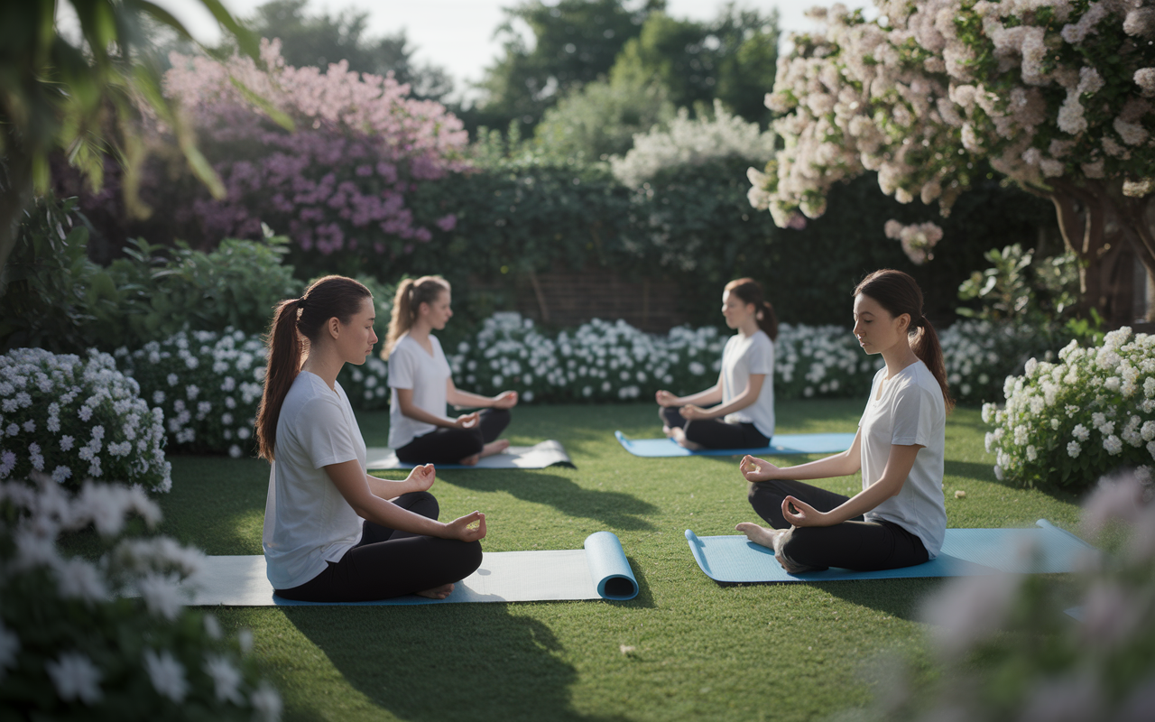 A tranquil setting showcasing a wellness retreat organized by AMSA, with students engaged in activities that promote mental health and mindfulness. In a lush, green garden filled with flowering plants, students are practicing meditation and yoga under soft, ambient light. The scene evokes tranquility and relaxation with gentle sounds of nature in the background, emphasizing the importance of self-care and balance amidst rigorous medical training.