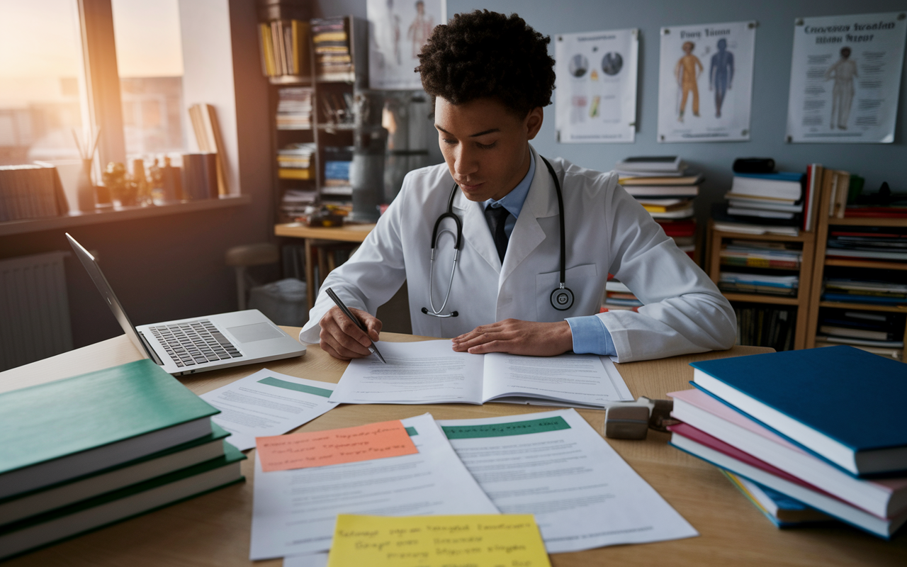 An inspiring visual of a diligent medical student surrounded by books, notes, and a laptop. The student is thoughtfully revising a personal statement, with highlighted papers showcasing letters of recommendation nearby. The room is cluttered yet organized, with medical journals and research posters on the walls. Warm evening light filters through the window, creating a conducive study environment filled with hopes and aspirations.