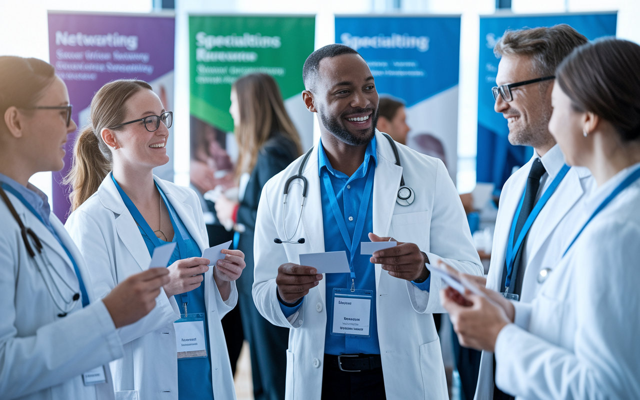 A vibrant scene depicting a group of enthusiastic medical professionals at a conference booth. They engage in conversations, exchange business cards, and share ideas, with banners in the background showcasing various specialties. The atmosphere is lively and collaborative, with soft lighting reflecting warmth and opportunity, capturing the essence of networking.