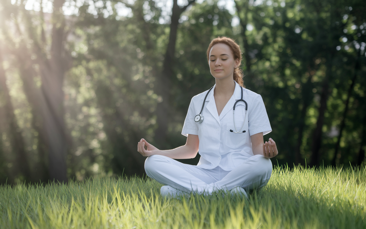 A hopeful scene depicting a meditative medical student practicing mindfulness in a serene outdoor setting, surrounded by nature. The student sits cross-legged on a grassy knoll, with a peaceful expression, visualizing success. Sunlight filters through the trees, creating a warm, inviting atmosphere that symbolizes clarity and determination.